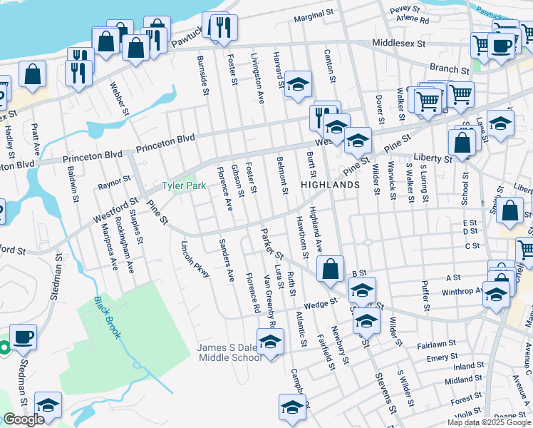 map of restaurants, bars, coffee shops, grocery stores, and more near 77 Marlborough Street in Lowell