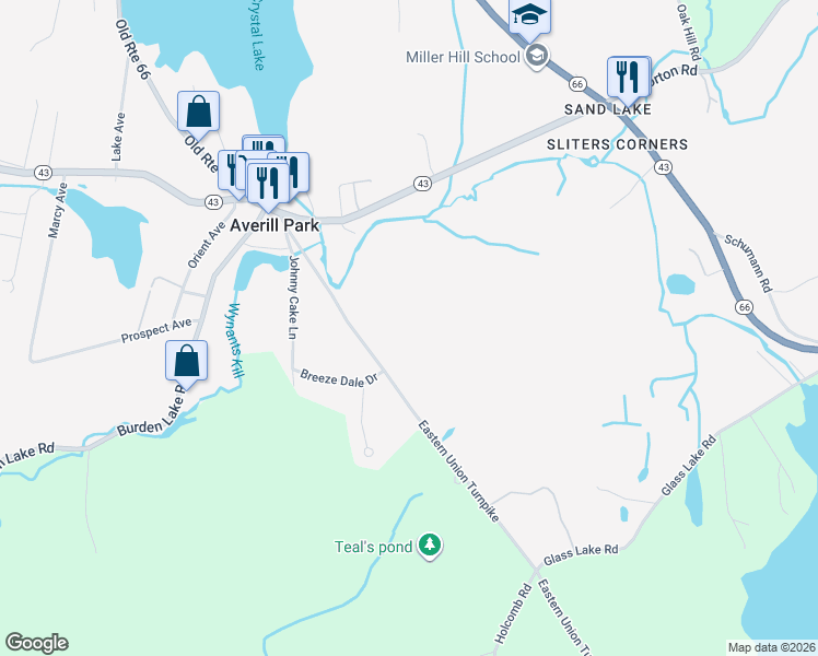 map of restaurants, bars, coffee shops, grocery stores, and more near 35 Eastern Union Turnpike in Averill Park