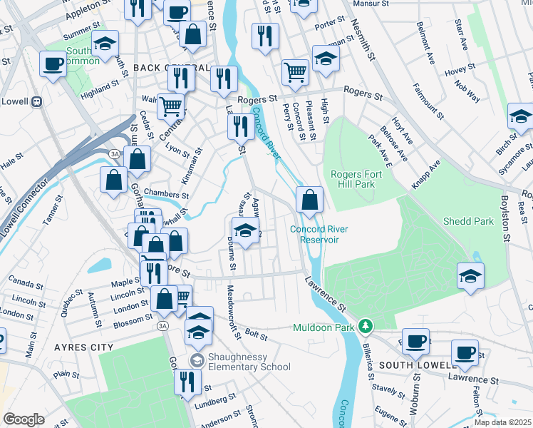map of restaurants, bars, coffee shops, grocery stores, and more near 7 Whipple Street in Lowell