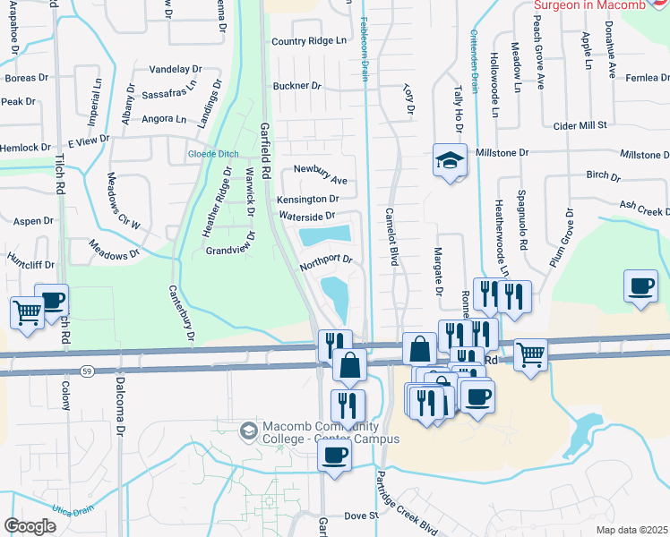 map of restaurants, bars, coffee shops, grocery stores, and more near 45288 Northport Drive in Macomb