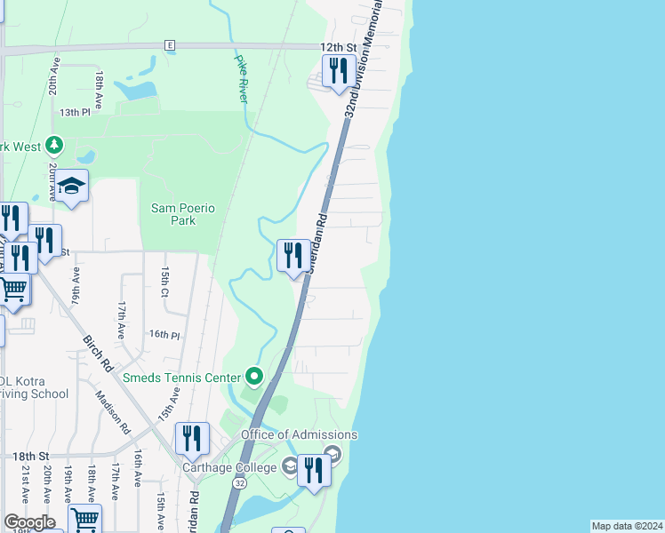 map of restaurants, bars, coffee shops, grocery stores, and more near 1455 Sheridan Road in Kenosha