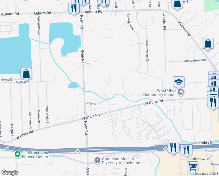 map of restaurants, bars, coffee shops, grocery stores, and more near 45610 Spring Lane in Macomb County