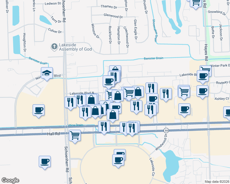 map of restaurants, bars, coffee shops, grocery stores, and more near Evansway in Shelby Township