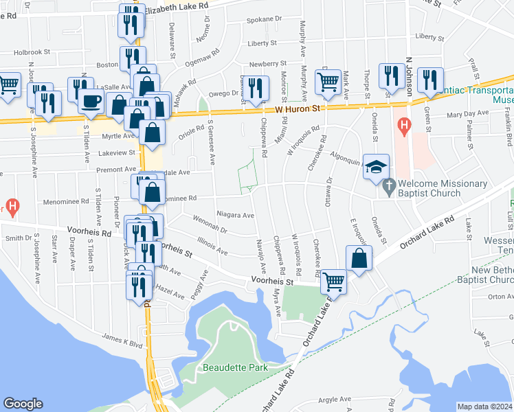 map of restaurants, bars, coffee shops, grocery stores, and more near 155 Navajo Avenue in Pontiac