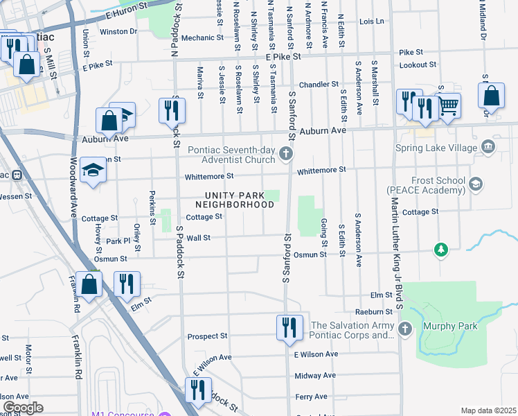 map of restaurants, bars, coffee shops, grocery stores, and more near 246 South Shirley Street in Pontiac