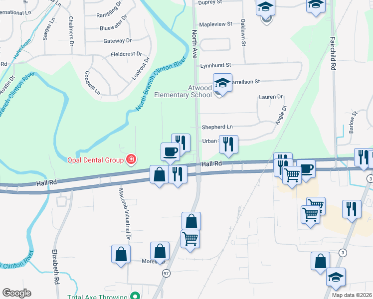 map of restaurants, bars, coffee shops, grocery stores, and more near 45301 North Avenue in Macomb