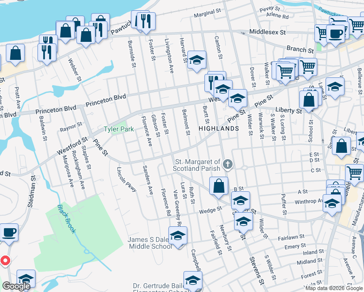 map of restaurants, bars, coffee shops, grocery stores, and more near 94 Marlborough Street in Lowell