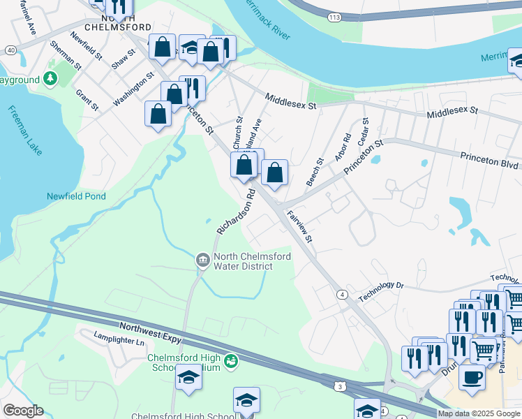 map of restaurants, bars, coffee shops, grocery stores, and more near 189 Princeton Street in Chelmsford