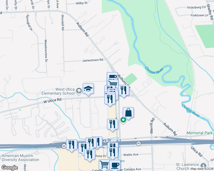 map of restaurants, bars, coffee shops, grocery stores, and more near 45887 Mound Road in Shelby Charter Township