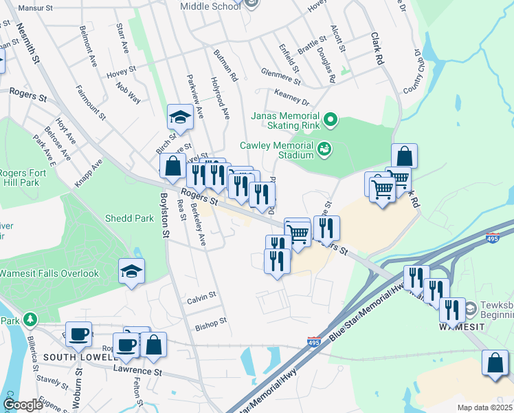 map of restaurants, bars, coffee shops, grocery stores, and more near 39 Whitehead Avenue in Lowell