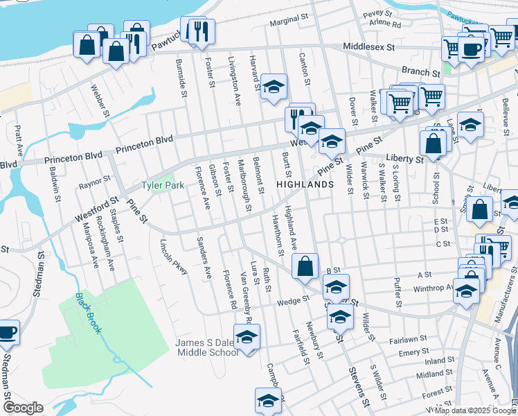 map of restaurants, bars, coffee shops, grocery stores, and more near 20 Belmont Street in Lowell