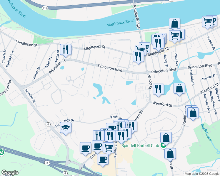 map of restaurants, bars, coffee shops, grocery stores, and more near 12 Melton Street in Lowell