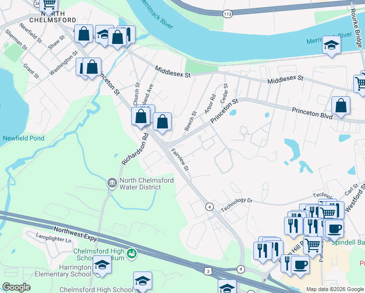 map of restaurants, bars, coffee shops, grocery stores, and more near 201 Princeton Street in Chelmsford