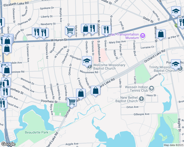 map of restaurants, bars, coffee shops, grocery stores, and more near 491 Menominee Road in Pontiac