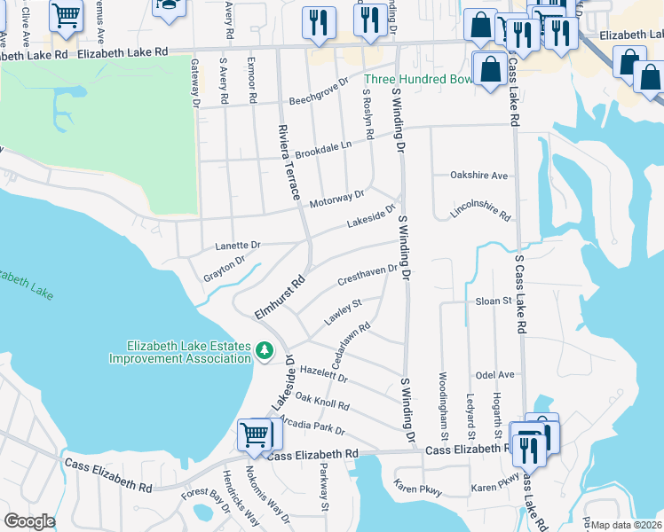 map of restaurants, bars, coffee shops, grocery stores, and more near 3987 Elmhurst Road in Waterford Township