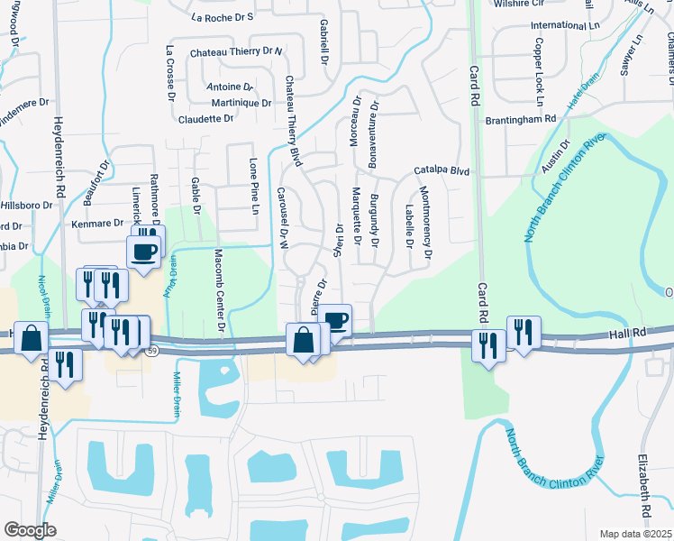 map of restaurants, bars, coffee shops, grocery stores, and more near 45257 Sheri Drive in Macomb
