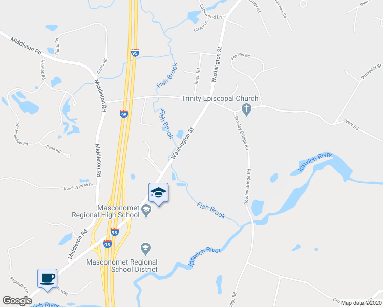 map of restaurants, bars, coffee shops, grocery stores, and more near 234 Washington Street in Topsfield