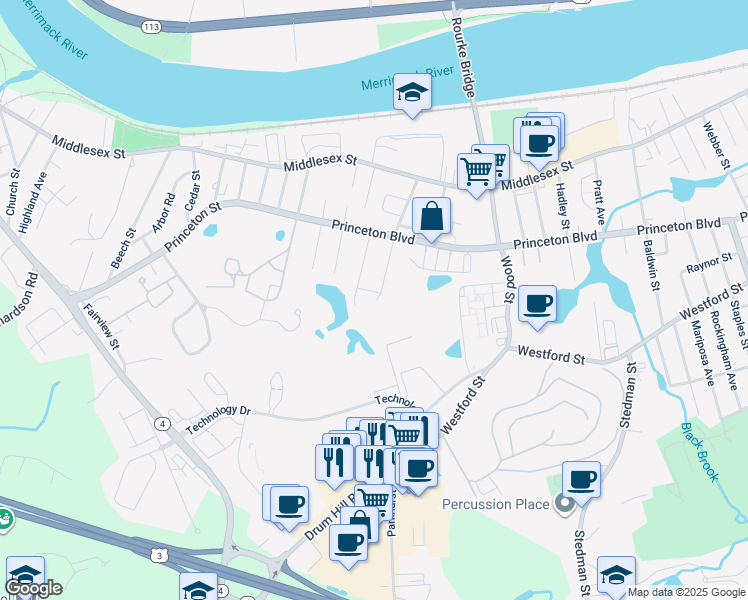 map of restaurants, bars, coffee shops, grocery stores, and more near 12 Melton Street in Lowell
