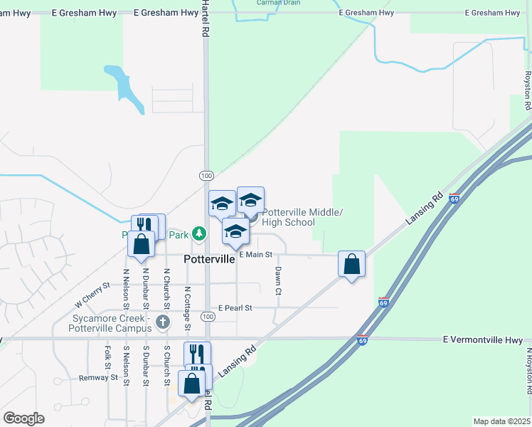 map of restaurants, bars, coffee shops, grocery stores, and more near 420 High Street in Potterville