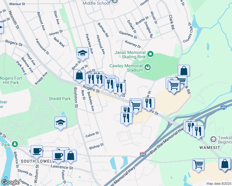 map of restaurants, bars, coffee shops, grocery stores, and more near 3 Allen Street in Lowell