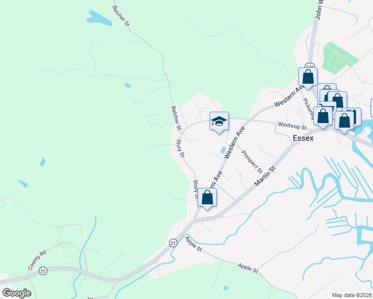 map of restaurants, bars, coffee shops, grocery stores, and more near 36 Story Street in Essex