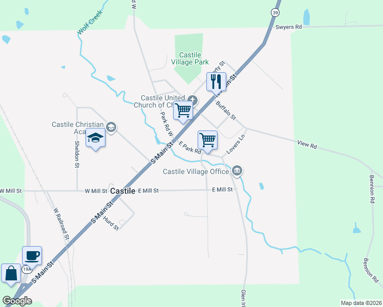 map of restaurants, bars, coffee shops, grocery stores, and more near 17 East Park Road in Castile