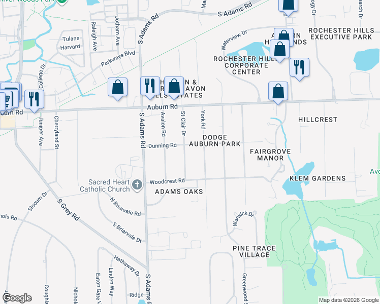 map of restaurants, bars, coffee shops, grocery stores, and more near 3821 Dunning Road in Rochester Hills