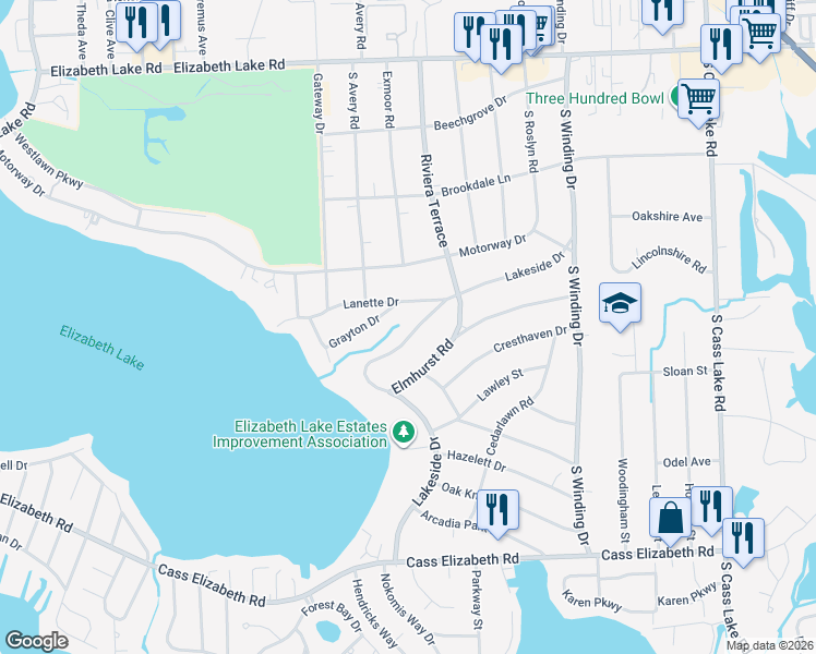 map of restaurants, bars, coffee shops, grocery stores, and more near 542 Lakeside Drive in Waterford Township