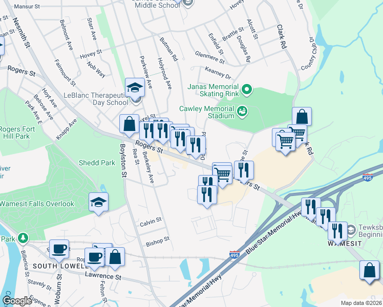 map of restaurants, bars, coffee shops, grocery stores, and more near 39 Whitehead Avenue in Lowell