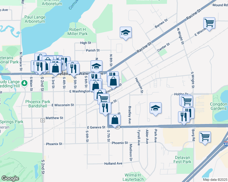 map of restaurants, bars, coffee shops, grocery stores, and more near 820 East Wisconsin Street in Delavan