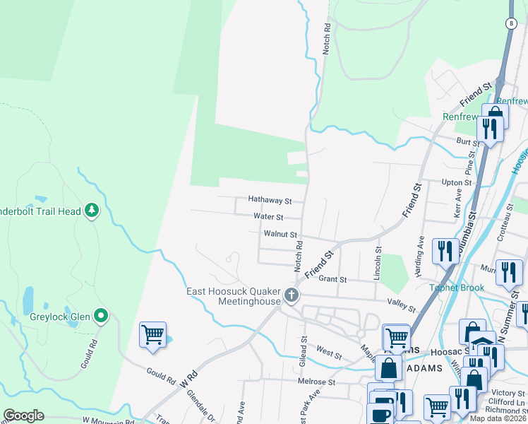 map of restaurants, bars, coffee shops, grocery stores, and more near 50 Greylock Ave in Adams