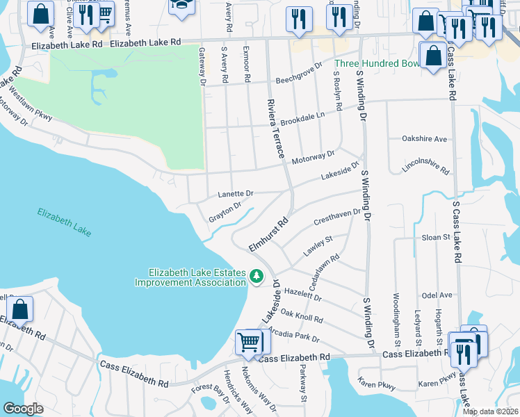 map of restaurants, bars, coffee shops, grocery stores, and more near 542 Lakeside Drive in Oakland County