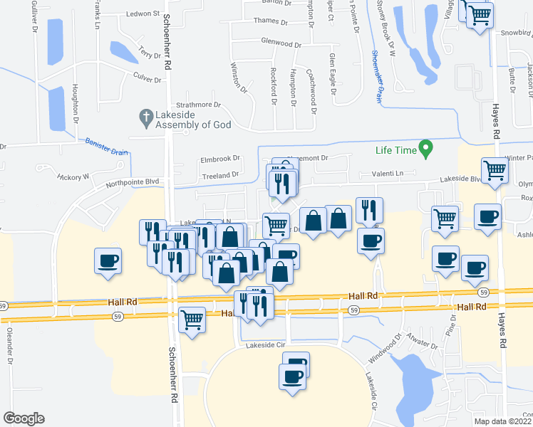 map of restaurants, bars, coffee shops, grocery stores, and more near 14059 Lakeside Boulevard North in Shelby charter Township