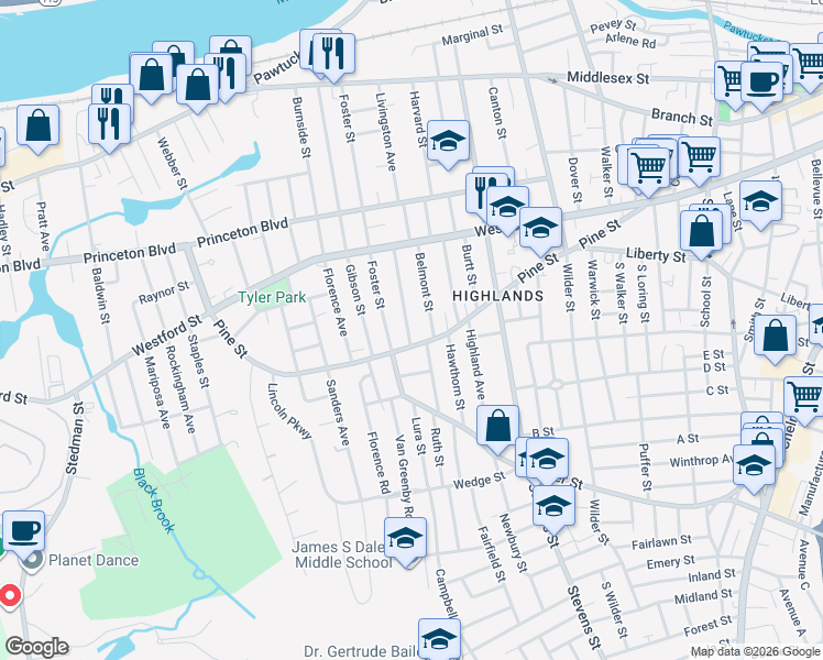 map of restaurants, bars, coffee shops, grocery stores, and more near 86 Marlborough Street in Lowell