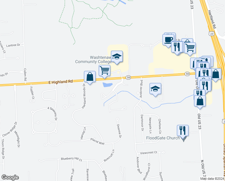 map of restaurants, bars, coffee shops, grocery stores, and more near 1871 Oak Brooke Drive in Howell