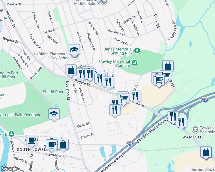 map of restaurants, bars, coffee shops, grocery stores, and more near 539 Douglas Road in Lowell