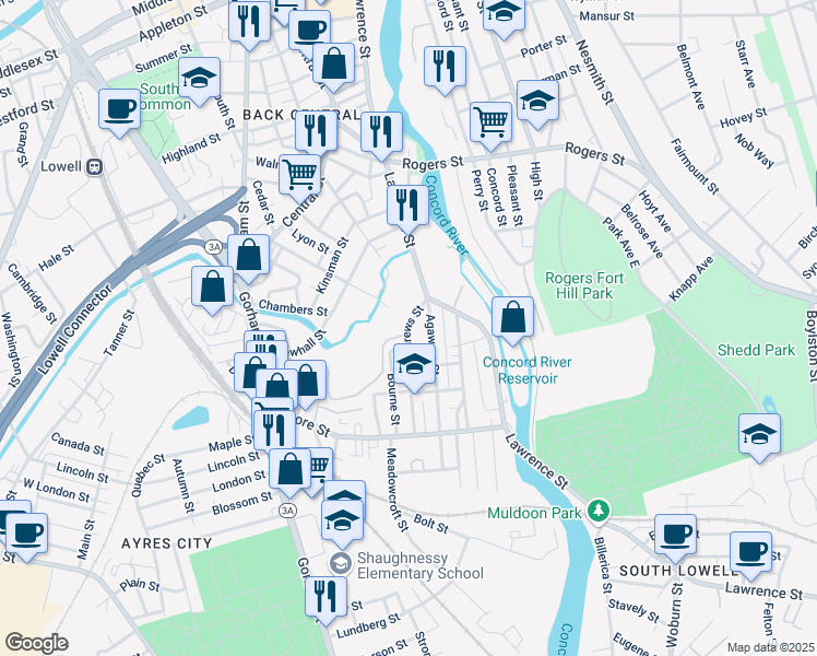 map of restaurants, bars, coffee shops, grocery stores, and more near 27 Andrews Street in Lowell