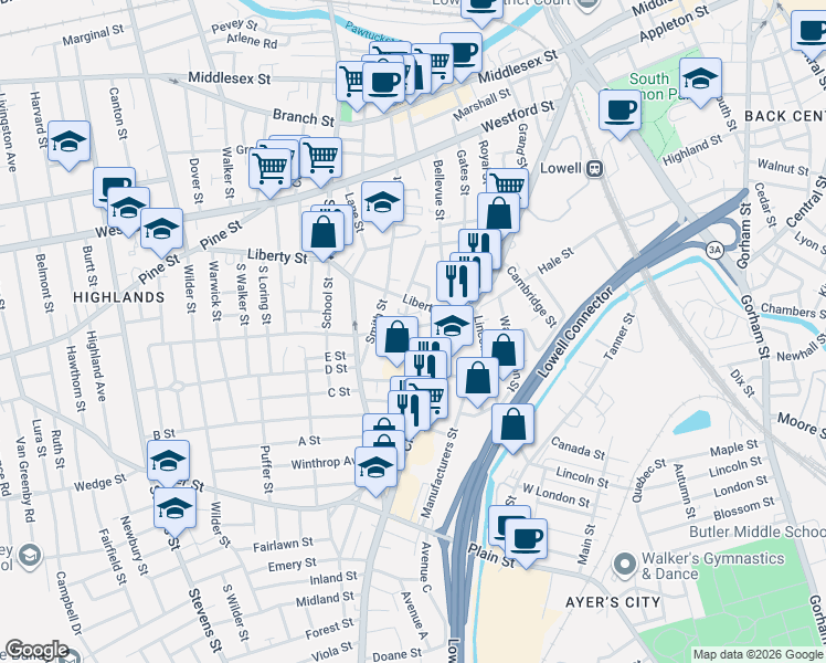 map of restaurants, bars, coffee shops, grocery stores, and more near 23 Arthur Street in Lowell