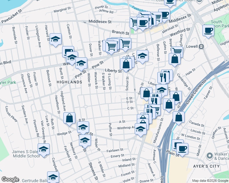 map of restaurants, bars, coffee shops, grocery stores, and more near 151 Shaw Street in Lowell