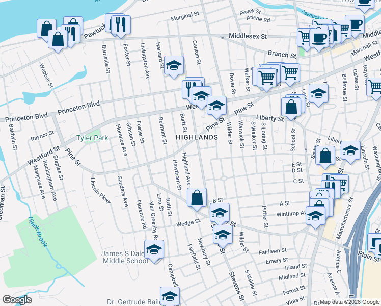 map of restaurants, bars, coffee shops, grocery stores, and more near 206 Pine Street in Lowell
