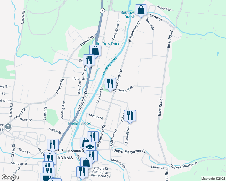 map of restaurants, bars, coffee shops, grocery stores, and more near 6 Sparrow Street in Adams
