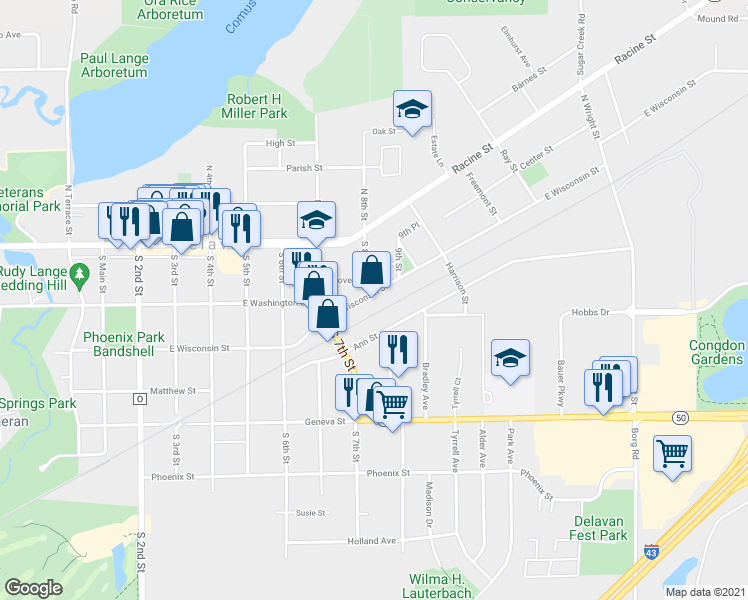 map of restaurants, bars, coffee shops, grocery stores, and more near 820 East Wisconsin Street in Delavan
