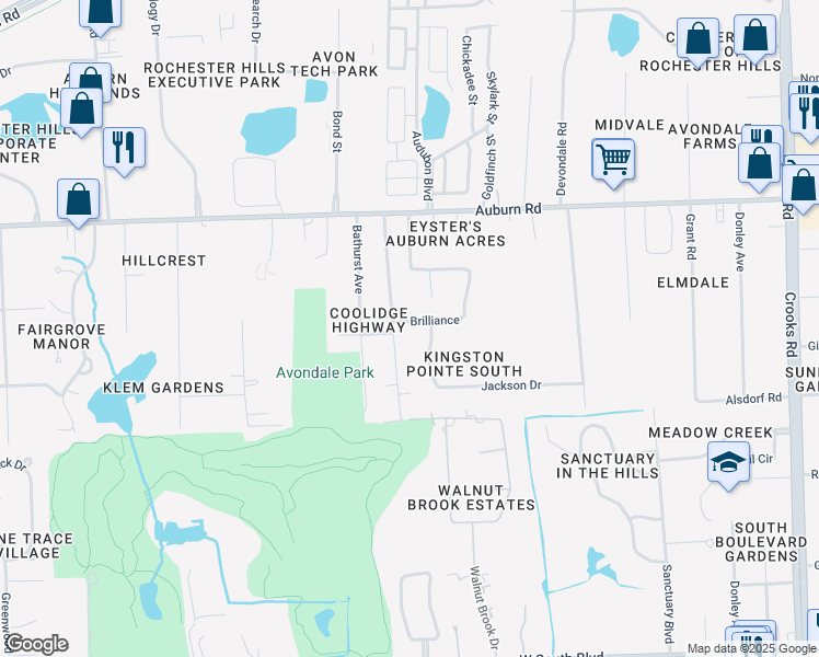 map of restaurants, bars, coffee shops, grocery stores, and more near 2601 Brilliance in Rochester Hills