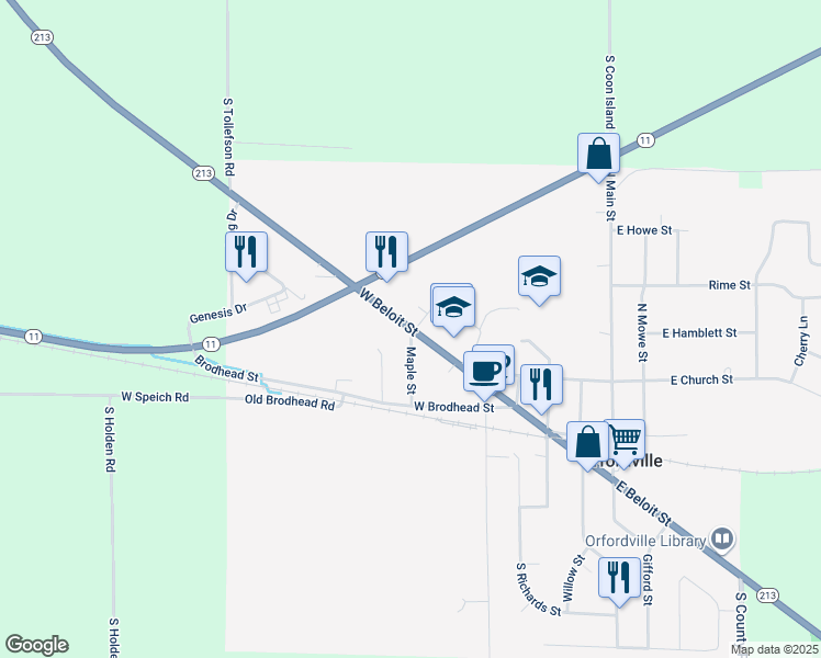 map of restaurants, bars, coffee shops, grocery stores, and more near 601 West Beloit Street in Orfordville