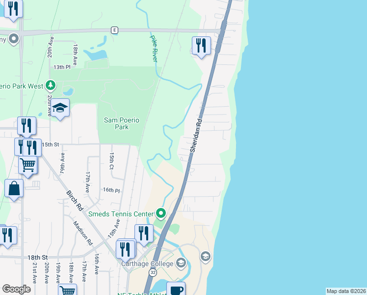 map of restaurants, bars, coffee shops, grocery stores, and more near 1516 Sheridan Road in Kenosha