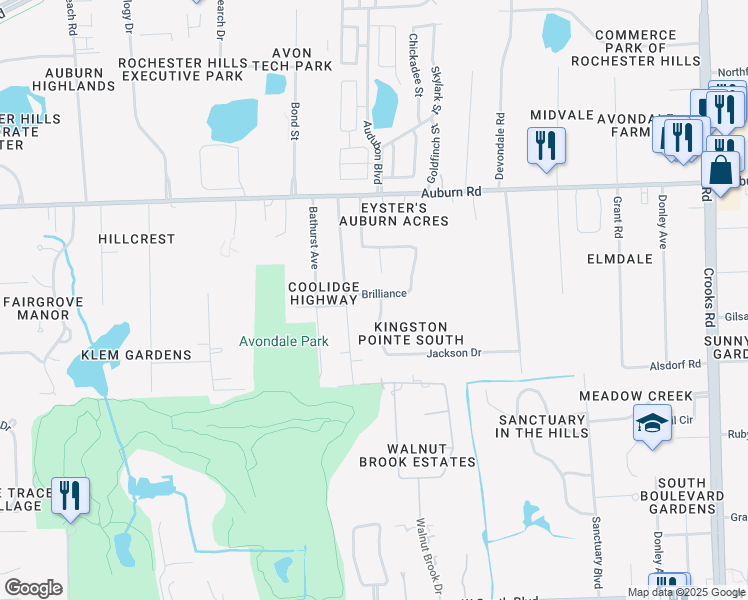 map of restaurants, bars, coffee shops, grocery stores, and more near 2601 Brilliance in Rochester Hills