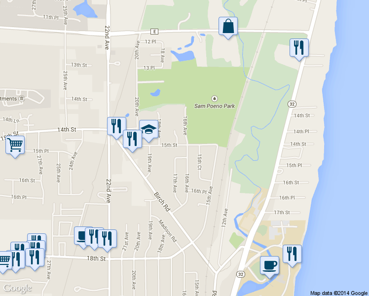 map of restaurants, bars, coffee shops, grocery stores, and more near 1605 15th Street in Kenosha