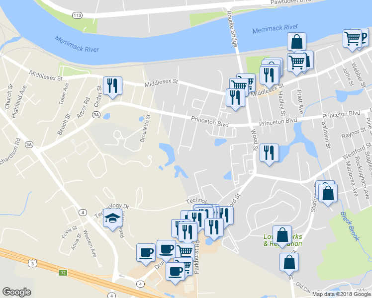 map of restaurants, bars, coffee shops, grocery stores, and more near 12 Melton Street in Lowell