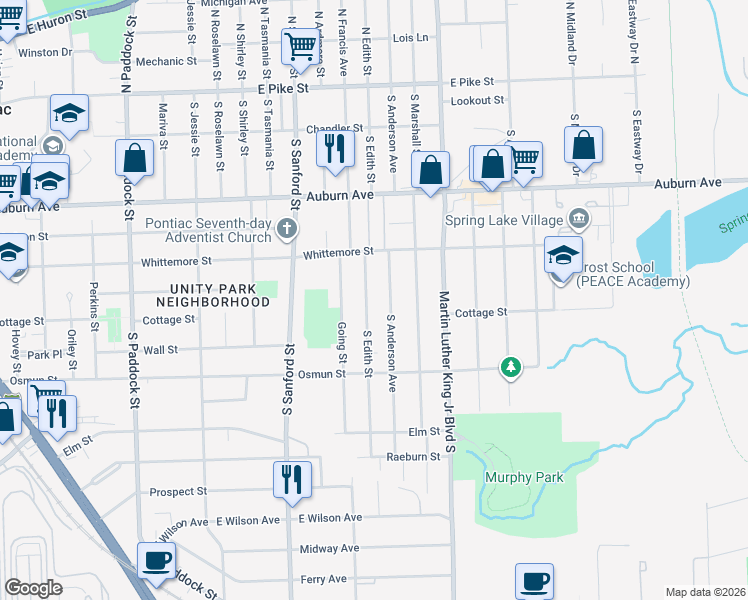 map of restaurants, bars, coffee shops, grocery stores, and more near 236 South Edith Street in Pontiac