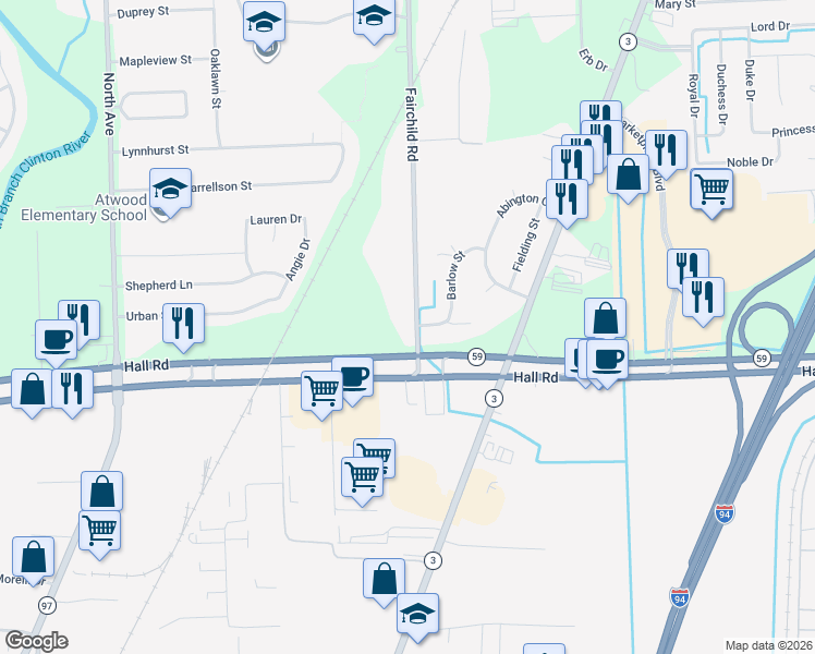 map of restaurants, bars, coffee shops, grocery stores, and more near 45215 Fairchild Road in Macomb
